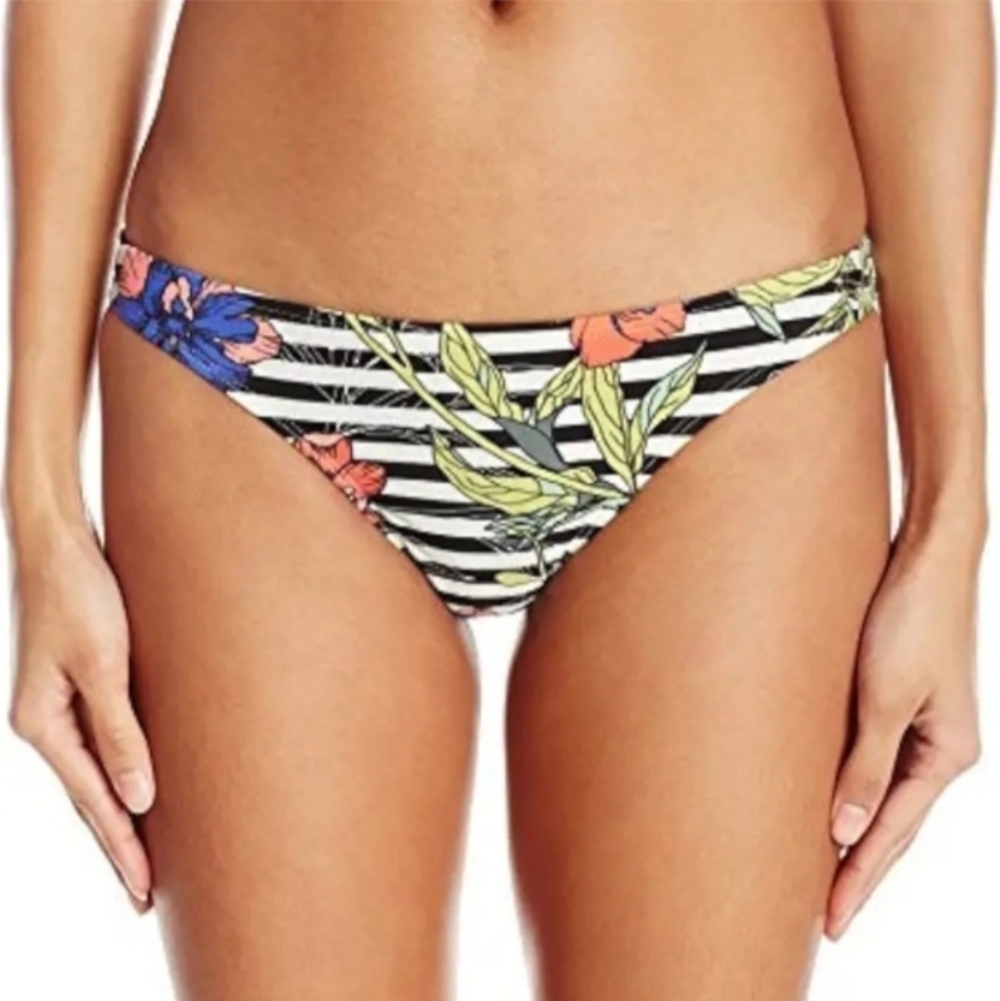 NEW Eidon Black Floral Striped Bikini Bottoms Ruched Back Low Rise Large